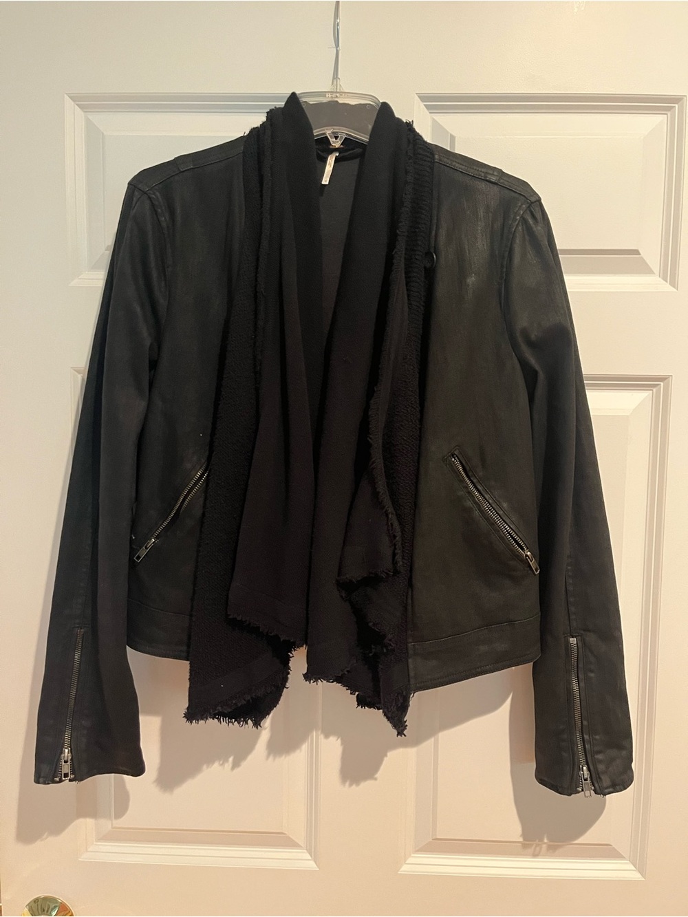 Free People Black Denim Jacket with Attached Draped Scarf